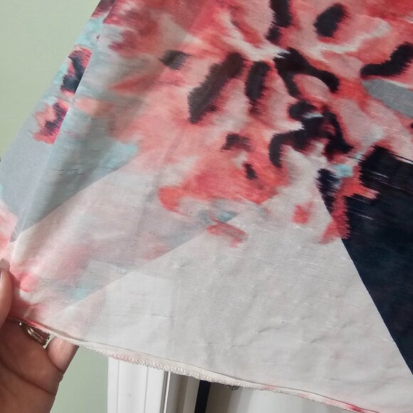 Jennifer Lopez Floral Watercolor V-Neck Blouse in Coral, Navy & Mint - Picture 12 of 14